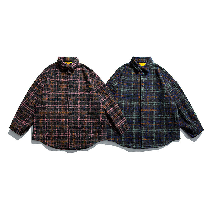 Unisex Boucle Check Shirt Jacket with Quilted Lining, Rounded Hem and Shirt Collar Mune Fashion