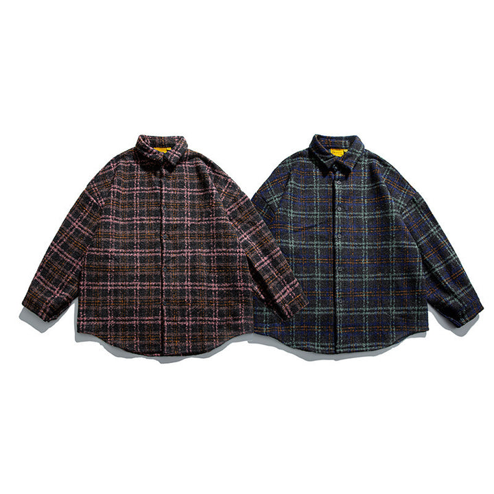 Unisex Boucle Check Shirt Jacket with Quilted Lining, Rounded Hem and Shirt Collar Mune Fashion