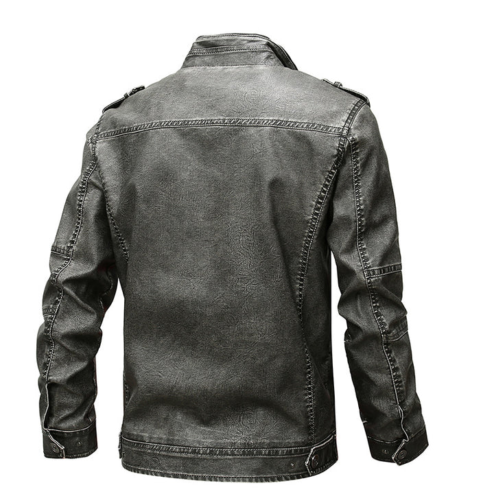 Men's biker jacket made of synthetic leather with stand-up collar, striking decorative seams, and multiple pocket details Mune Fashion