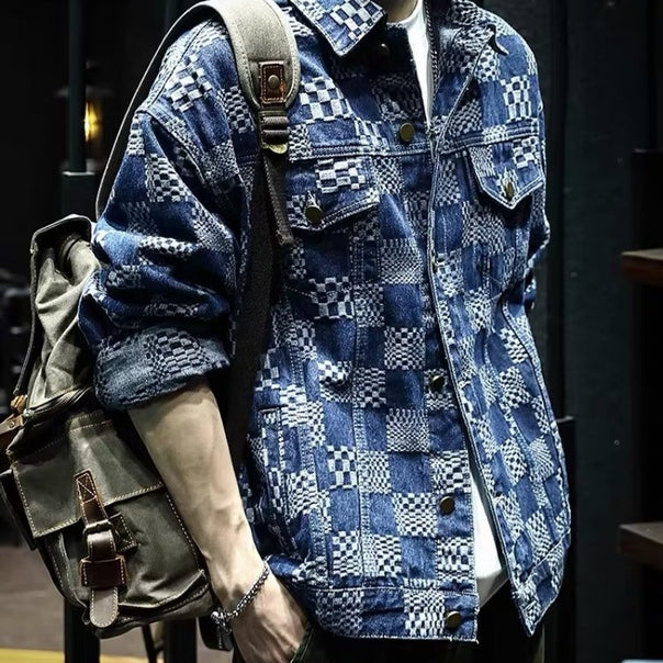 Men's Fashion Denim Jacket with Unique Checkered Pattern Mune Fashion