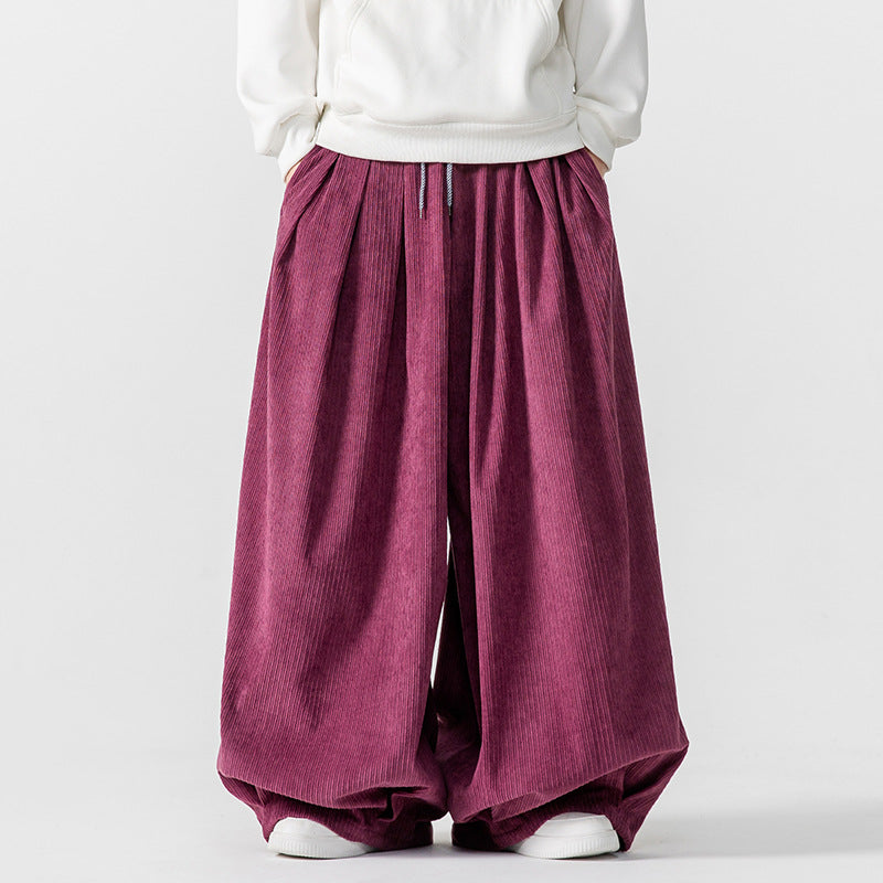 Men's Extra Wide Pleated Pants with Ribbed Texture and Drawstring Mune Fashion