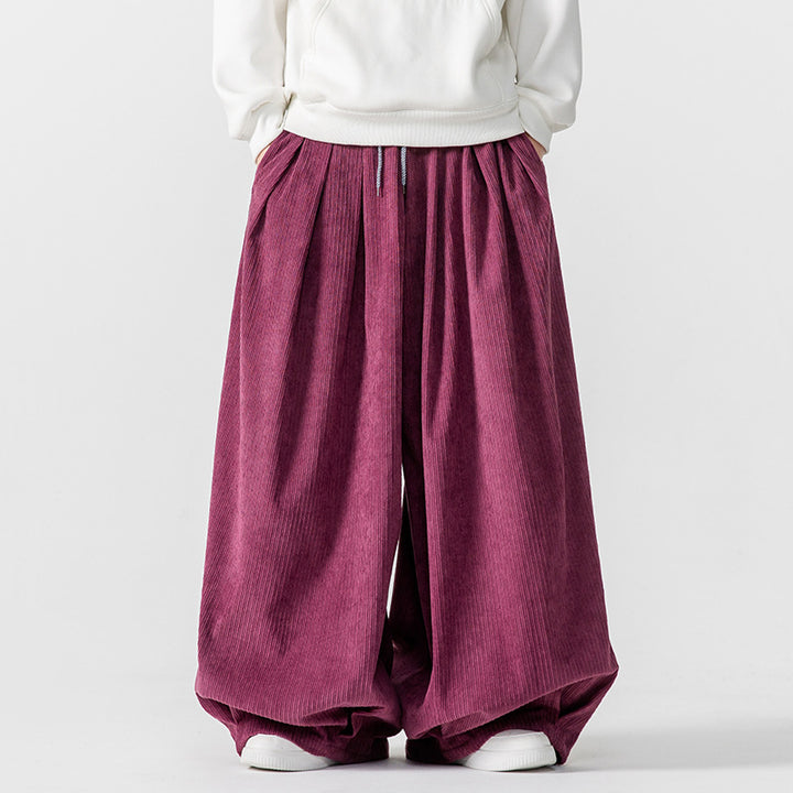 Men's Extra Wide Pleated Pants with Ribbed Texture and Drawstring Mune Fashion