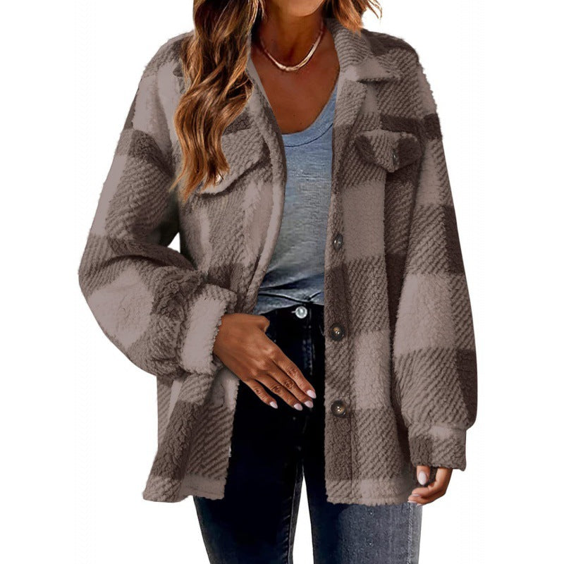 Women's Checkered Teddy Shirt Jacket in Oversized Shacket Style Mune Fashion