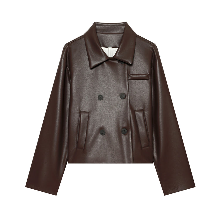Women's double-breasted cropped coat made of faux leather with a large lapel collar and flap pockets Mune Fashion