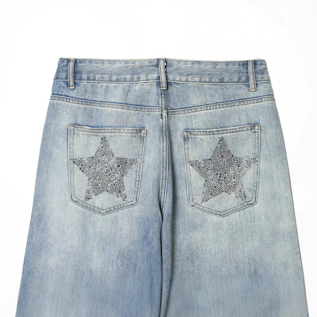 Women's jeans pants with wide leg and star rhinestone trim Mune Fashion
