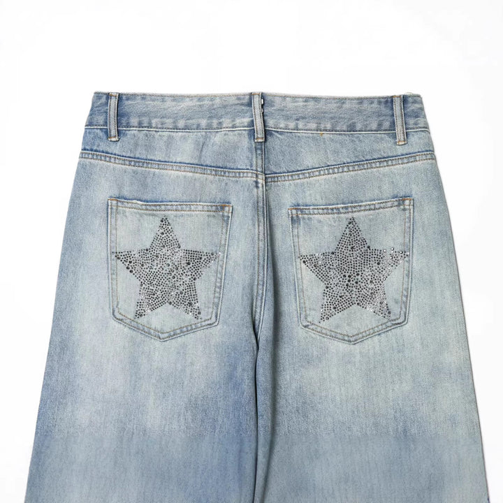 Women's jeans pants with wide leg and star rhinestone trim Mune Fashion