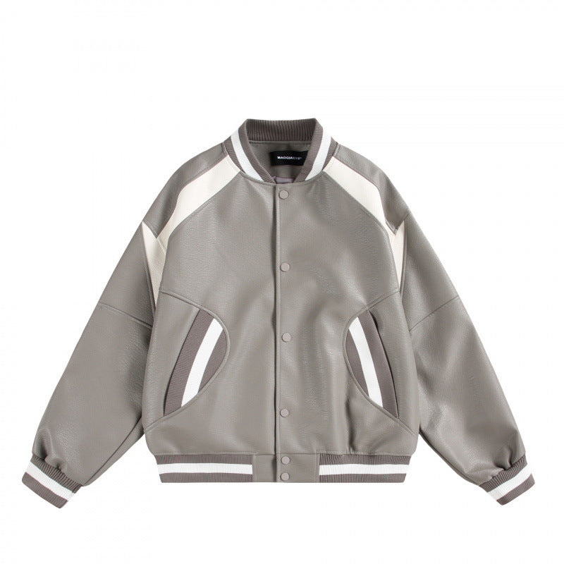 Unisex Boxy Oversized Faux Leather Bomber Jacket with Contrast Panels and Ribbed Cuffs Mune Fashion