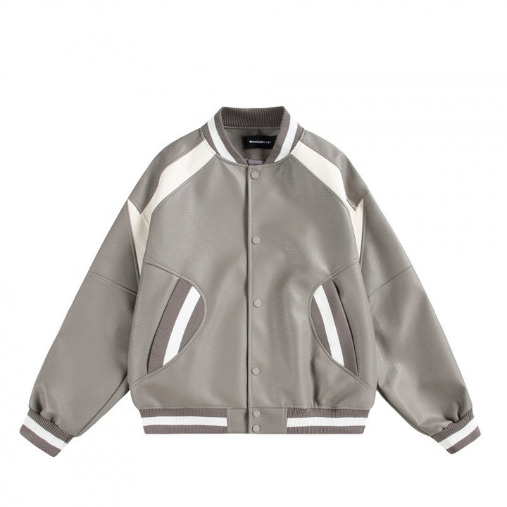 Unisex Boxy Oversized Faux Leather Bomber Jacket with Contrast Panels and Ribbed Cuffs Mune Fashion