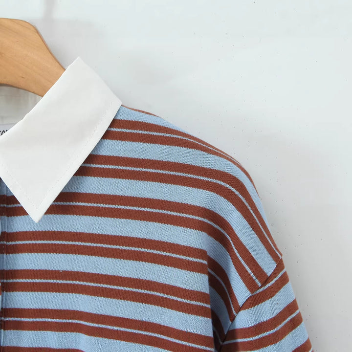 Women's Striped Oversized Rugby Shirt with Contrasting Shirt Collar and Button Placket Mune Fashion