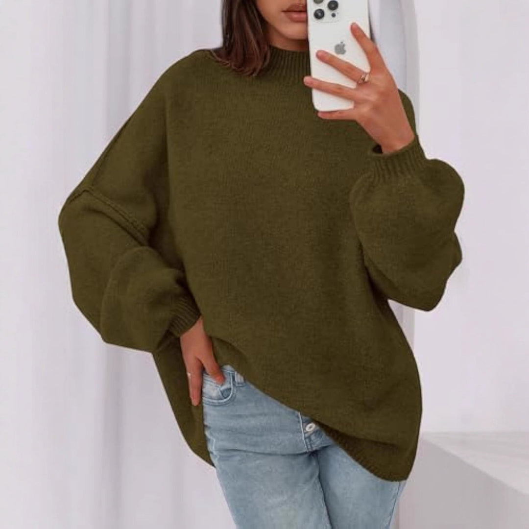 Ladies oversized knitted pullover with stand-up collar and balloon sleeves Drune