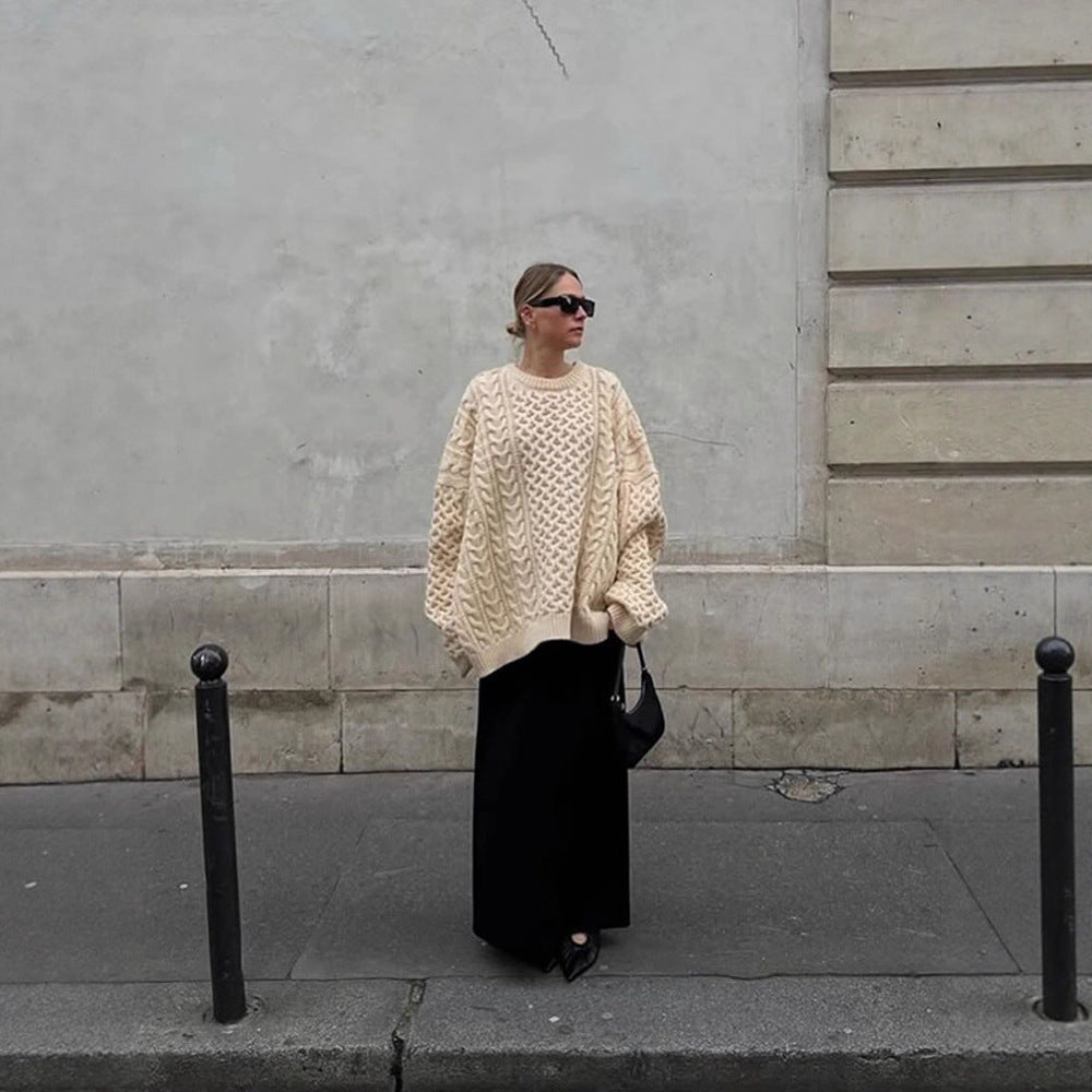 Women's Oversized Chunky Knit Sweater with Cable Knit Pattern and Wide Balloon Sleeves Mune Fashion