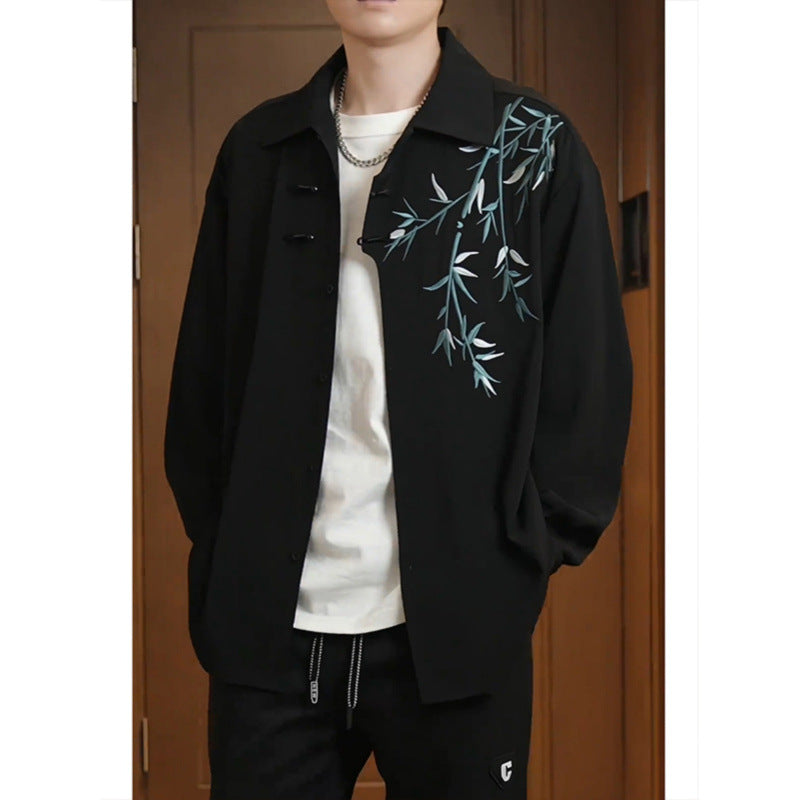 Women's Lightweight Long Sleeve Blouse with Shirt Collar, Decorative Knot Closure and Bamboo Print Mune Fashion