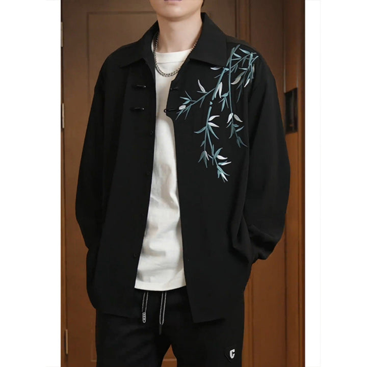Women's Lightweight Long Sleeve Blouse with Shirt Collar, Decorative Knot Closure and Bamboo Print Mune Fashion