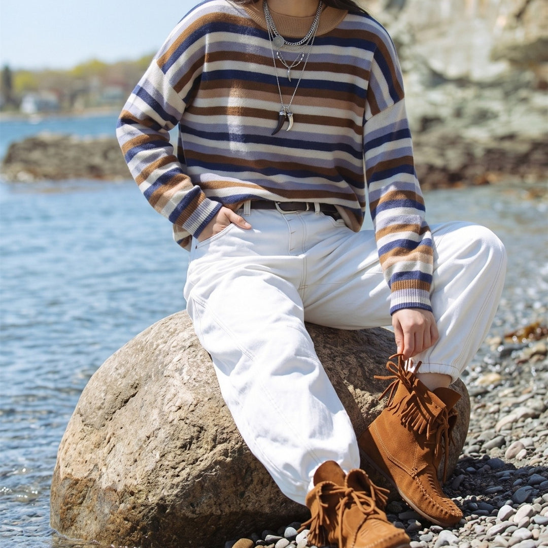 Women Striped Knitted Sweater with Polo Collar & Button Placket Mune Fashion