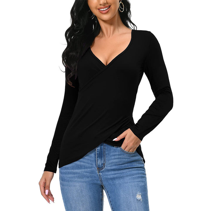 Women's form-fitting wrap shirt with deep V-neckline and overlapping hem Mune Fashion