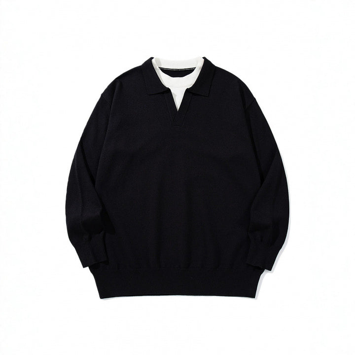 Unisex Oversize fine knit pullover with open Henley neckline and contrasting inner collar Mune Fashion