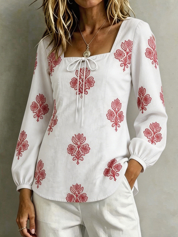 Women's Embroidered Tunic Blouse with Square Neckline and Feminine Balloon Sleeves Mune Fashion