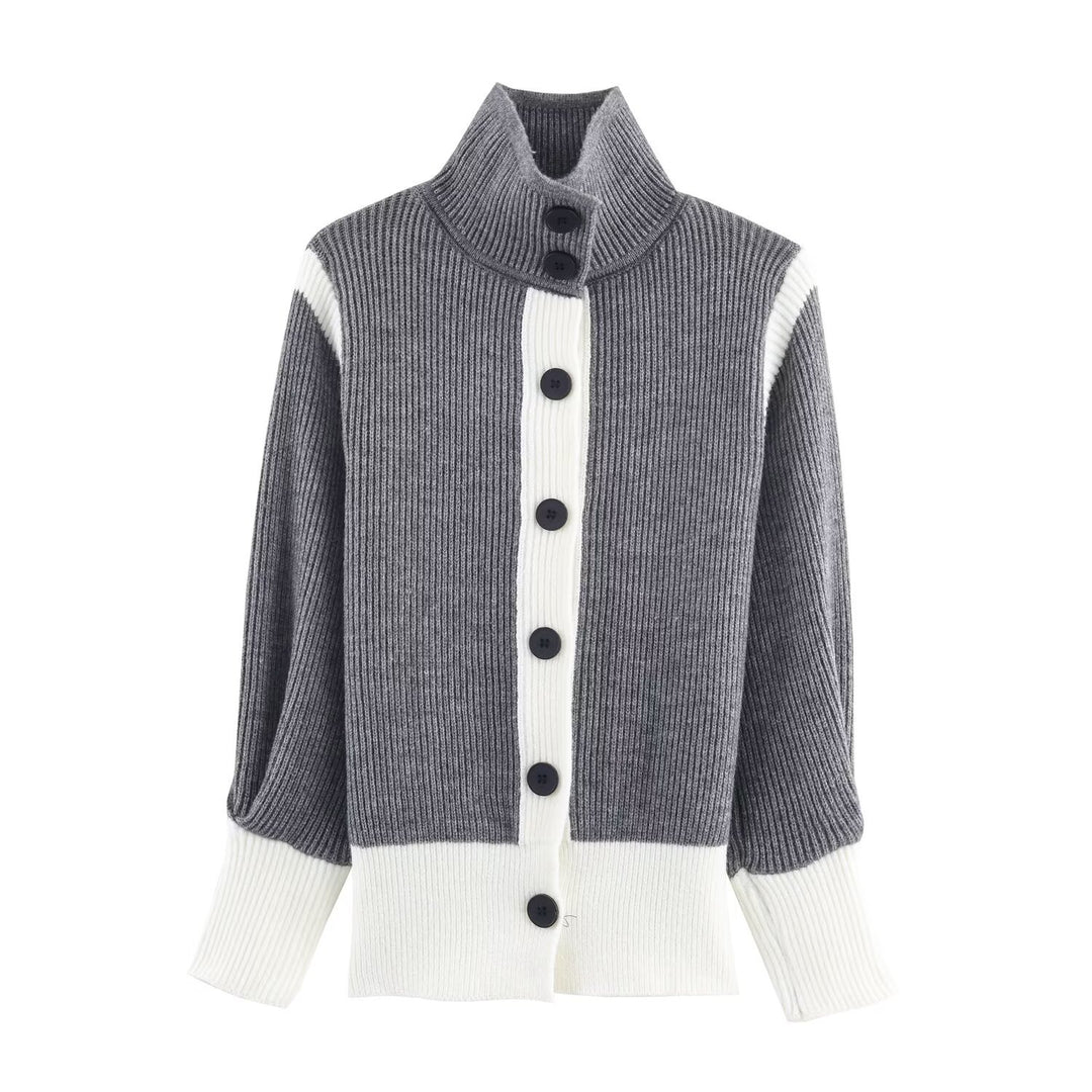 Women's Oversized Ribbed Cardigan with High Collar, Contrast Trim and Button Placket