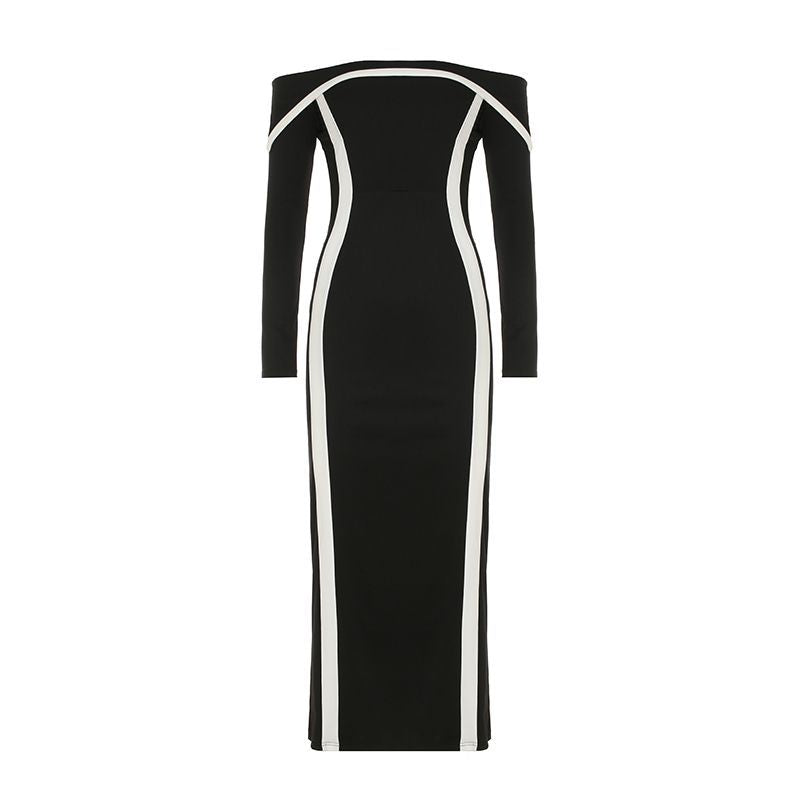 Women’s figure-hugging off-shoulder maxi dress with long sleeves and contrast piping Mune Fashion
