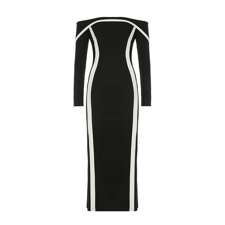 Women’s figure-hugging off-shoulder maxi dress with long sleeves and contrast piping Mune Fashion