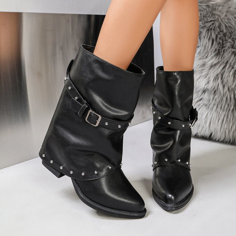 Women's Fashionable Boots with Studs and Belt Details Mune Fashion