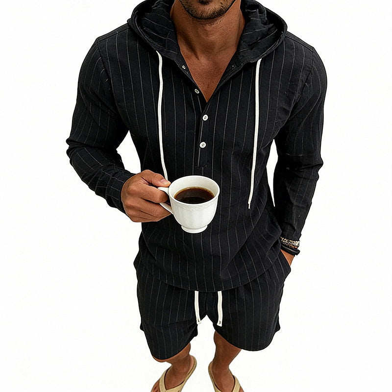 Men's striped linen-look hooded Henley set with drawstring shorts Mune Fashion
