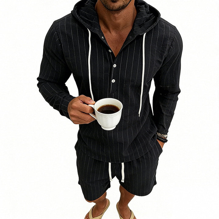 Men's striped linen-look hooded Henley set with drawstring shorts Mune Fashion