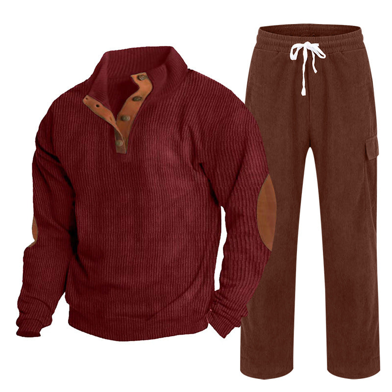 Men's Cozy Leisure Set made of Waffle Knit Henley with Elbow Patch and Relax Cargo Pants Mune Fashion