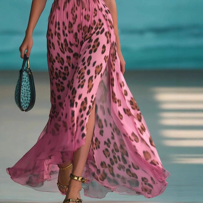 Women nan maxi dress with deep V-neck, braided halter, leopard print, pleated chiffon skirt, and side leg slit Mune Fashion