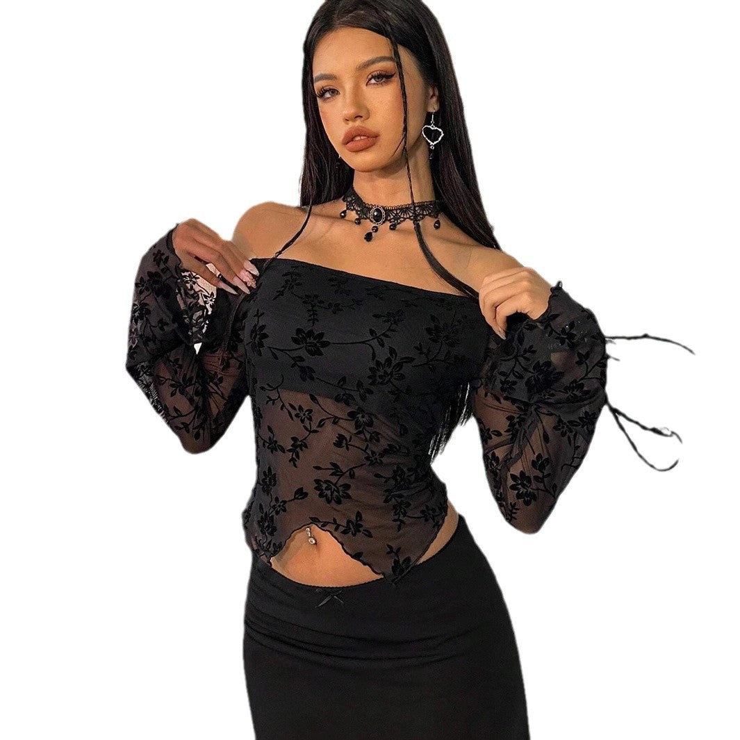 Women non-transparent mesh top with floral velvet flock appliqué, Carmen neckline and short waist hem Mune Fashion