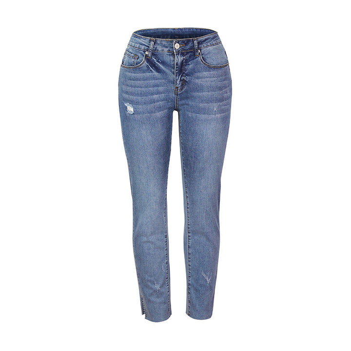 Women's Figure-Hugging High-Waisted Ankle-Length Jeans with Slightly Frayed Hem Mune Fashion