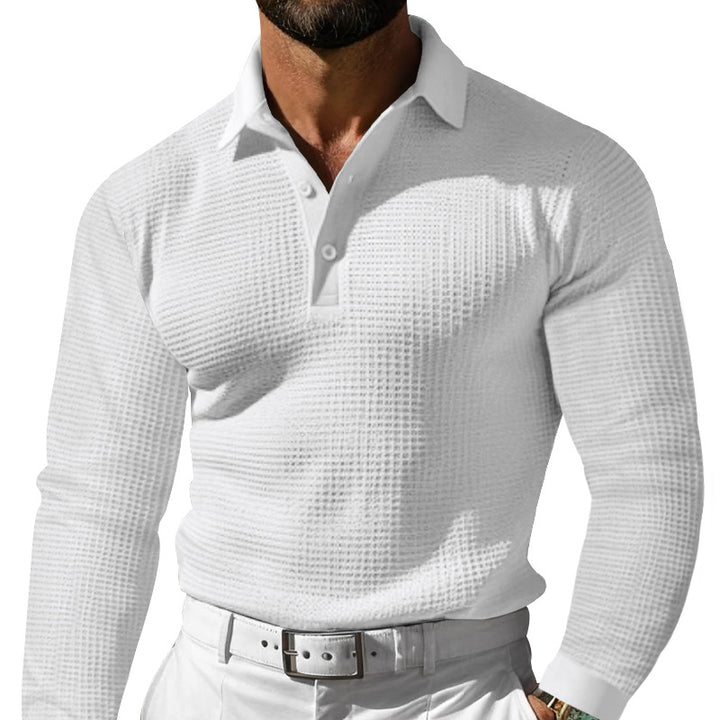 Men's Waffle Structure Polo Shirt with Long Sleeves, Slim Fit and Kent Collar Mune Fashion