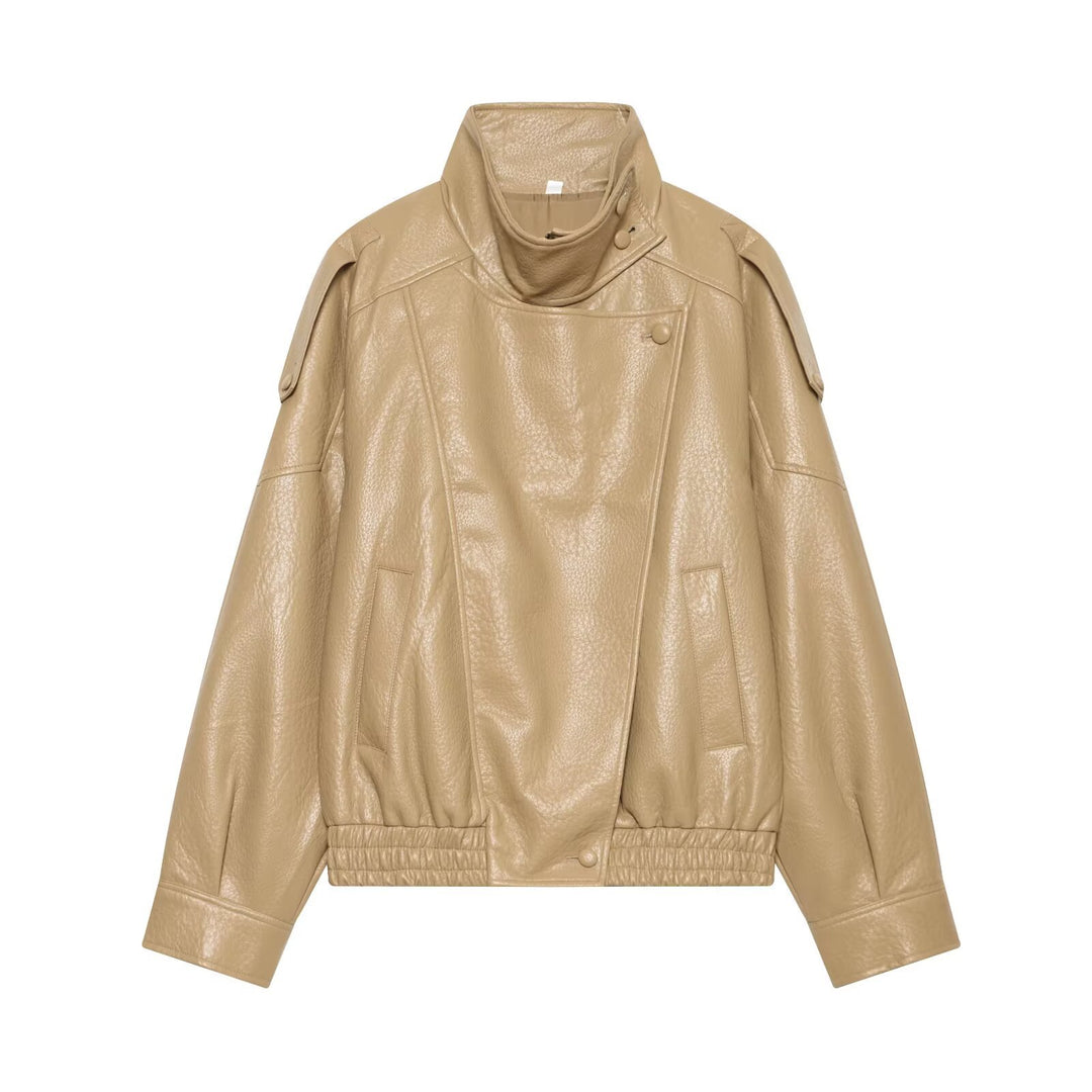 Women's Short Cut Faux Leather Bomber Jacket with Stand-Up Collar and Shoulder Straps Mune Fashion