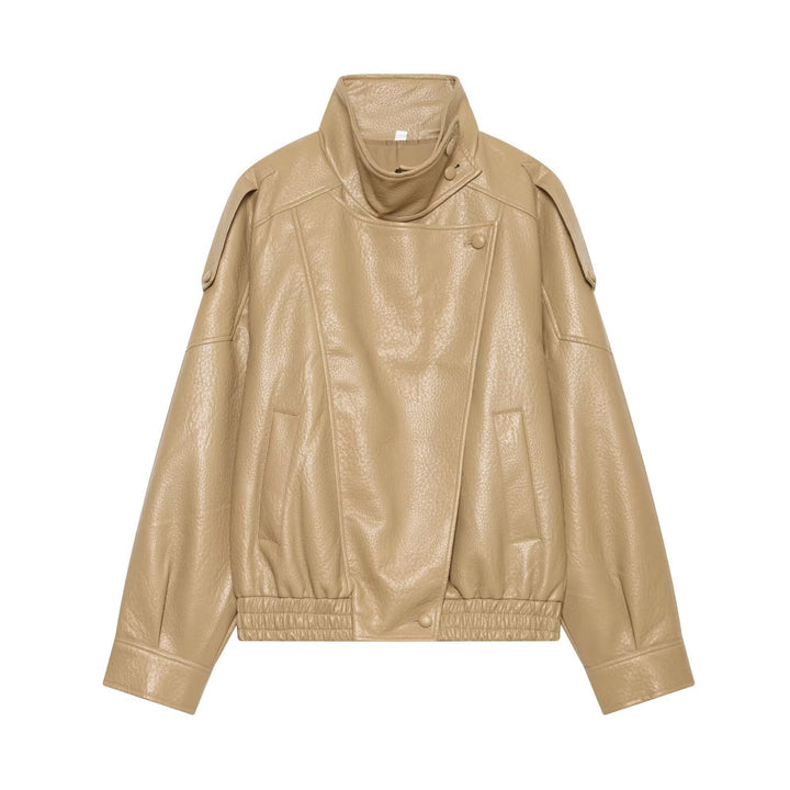 Women's Short Cut Faux Leather Bomber Jacket with Stand-Up Collar and Shoulder Straps Mune Fashion