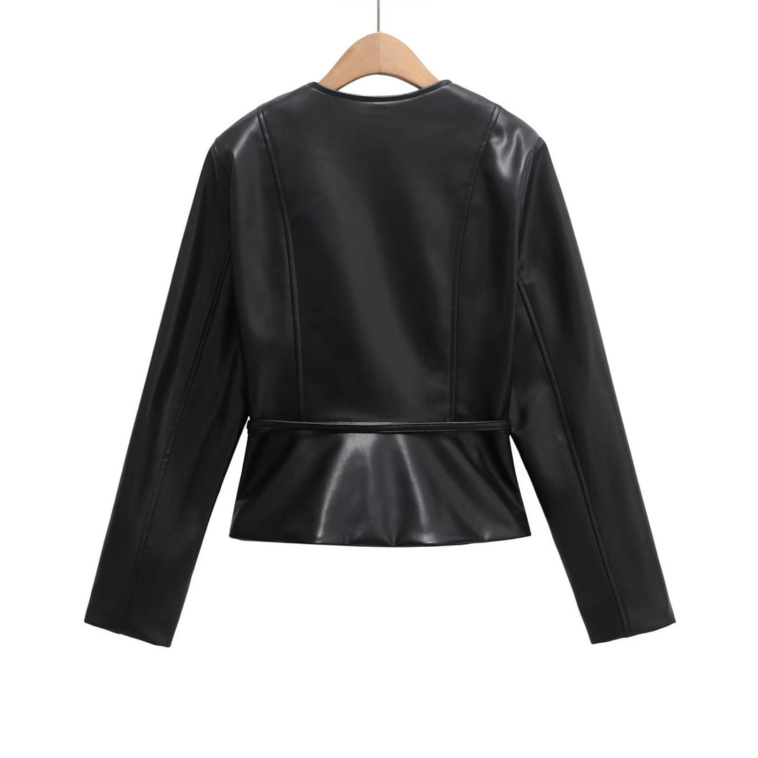Women's Collarless Faux Leather Jacket with Zipper and Waistband Mune Fashion