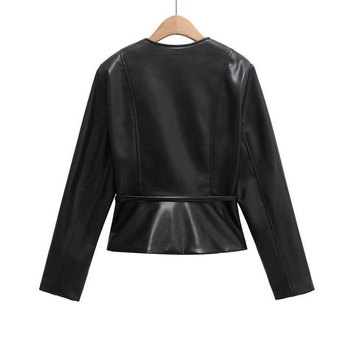 Women's Collarless Faux Leather Jacket with Zipper and Waistband Mune Fashion