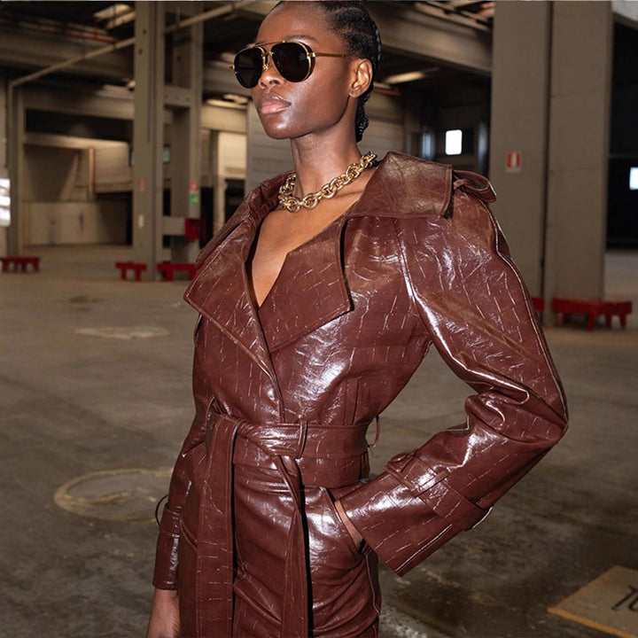 Women's Shiny Crocodile Pattern Trench Coat with Waist Belt and Wide Lapels Mune Fashion