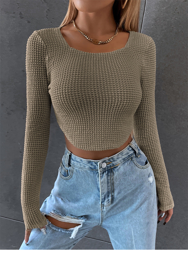 Women's Fitted Cropped Waffle Knit Top with Boat Neck Mune Fashion