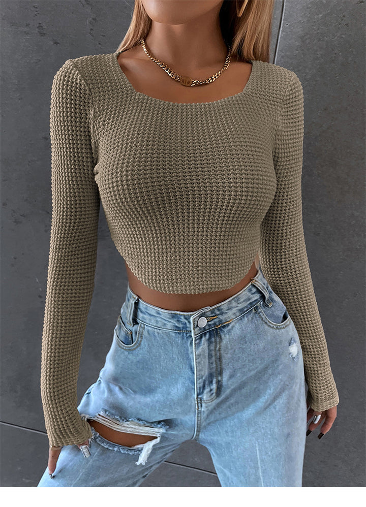 Women's Fitted Cropped Waffle Knit Top with Boat Neck Mune Fashion