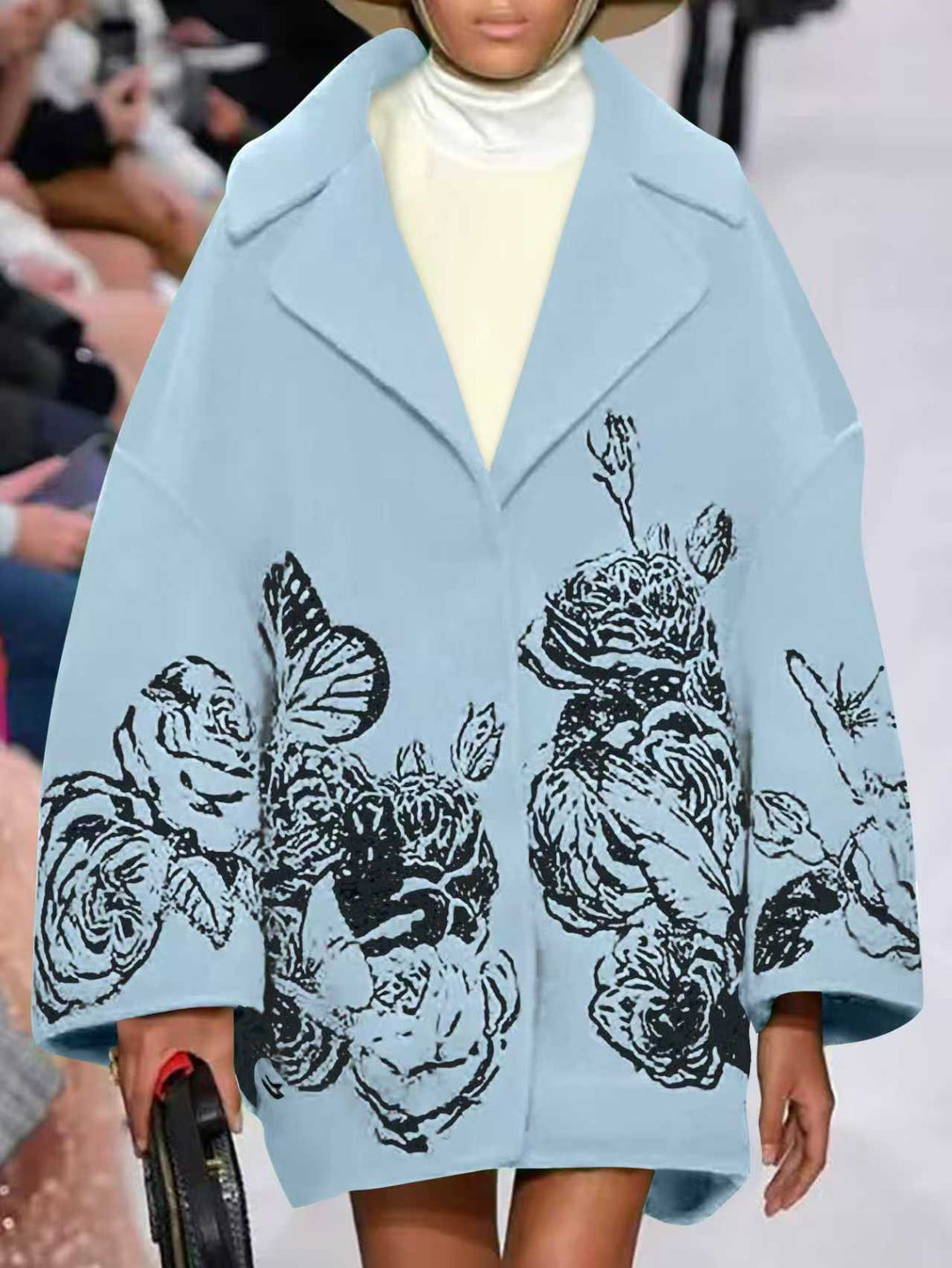 Ladies Oversized Wool Blend Coat with Floral Print and Embroidery Look Mune Fashion