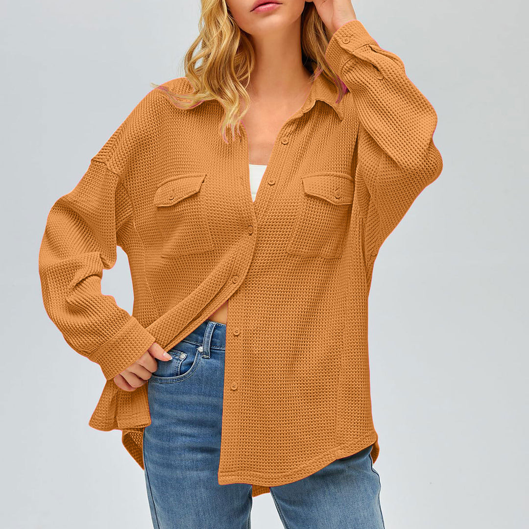 Women's oversized waffle knit shirt jacket with chest pockets and button placket Mune Fashion