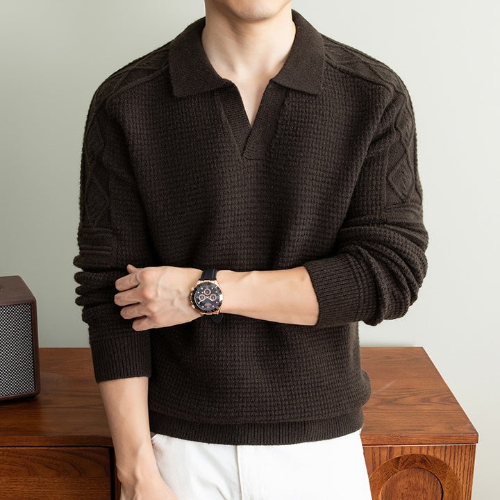 Men's polo sweater with textured waffle knit and cable pattern sleeves Mune Fashion