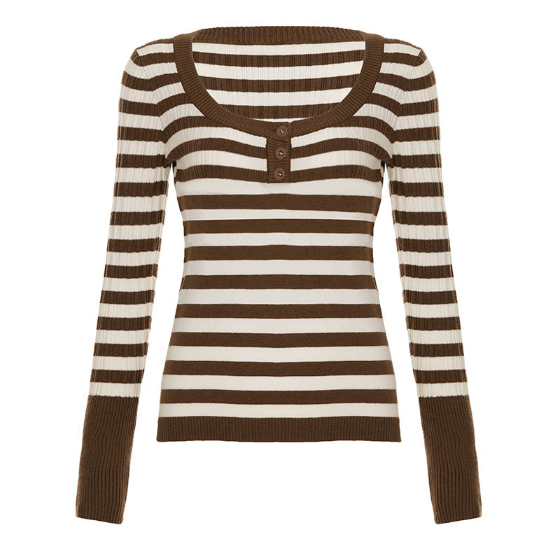 Women's Striped Ribbed Knit Shirt with Boat Neck and Decorative Button Placket Mune Fashion