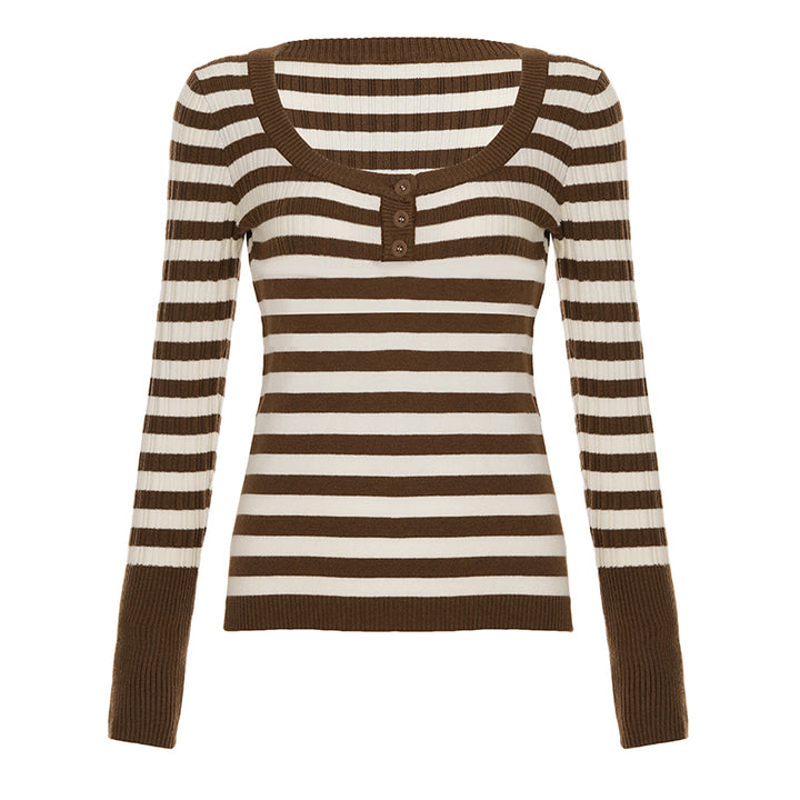 Women's Striped Ribbed Knit Shirt with Boat Neck and Decorative Button Placket Mune Fashion