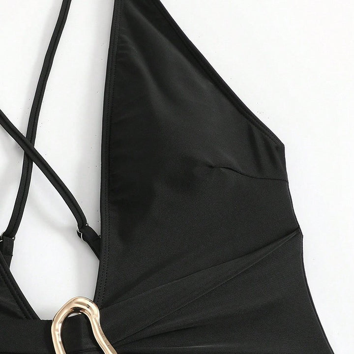 Women's One-Piece Swimsuit with Deep V-Neck and Elegant Gold Detail