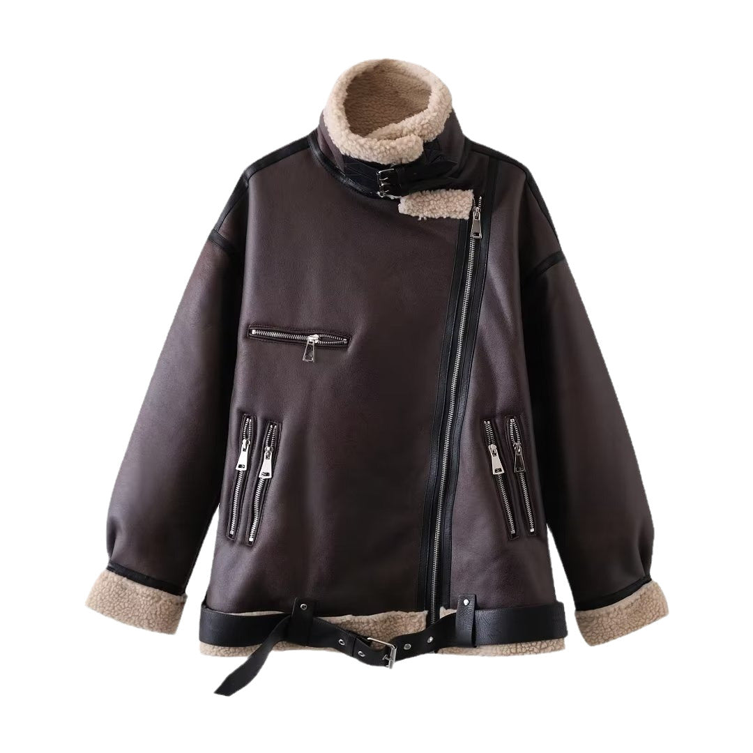 Women's Casual Aviator Biker Jacket in Vintage Leather Look with Sherpa Lining Mune Fashion