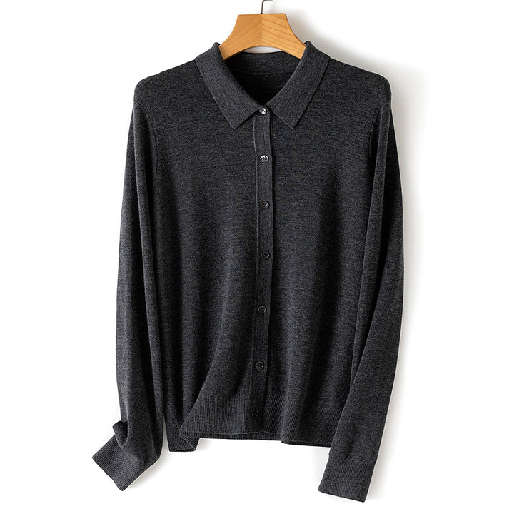 Women's Fine Button Cardigan with Shirt Collar and Fine Knit Mune Fashion