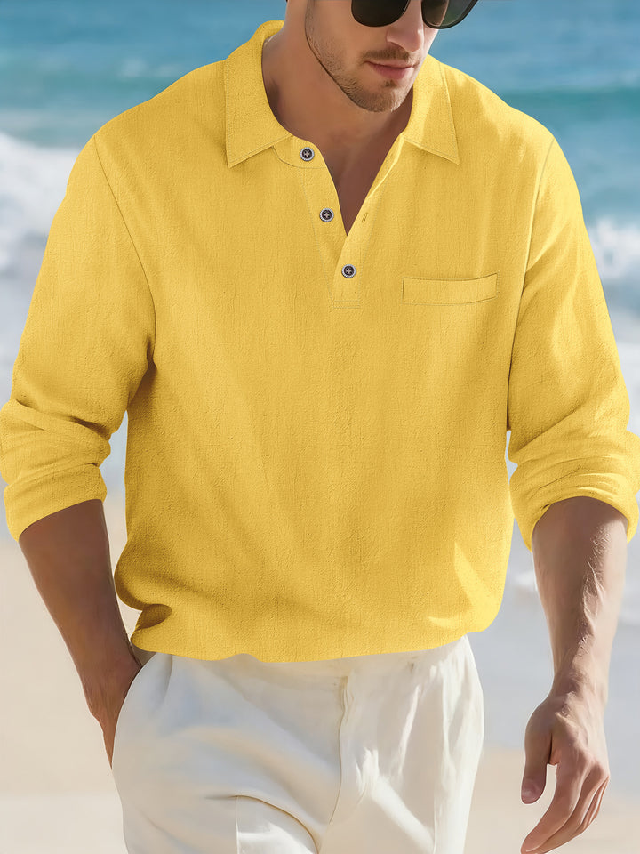 Men's lightweight linen Henley shirt with chest piping and relaxed casual fit Mune Fashion
