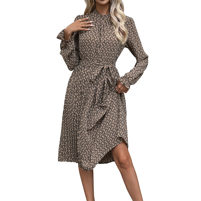 Women's midi dress with stand collar, fitted belt & asymmetrical hem Mune Fashion