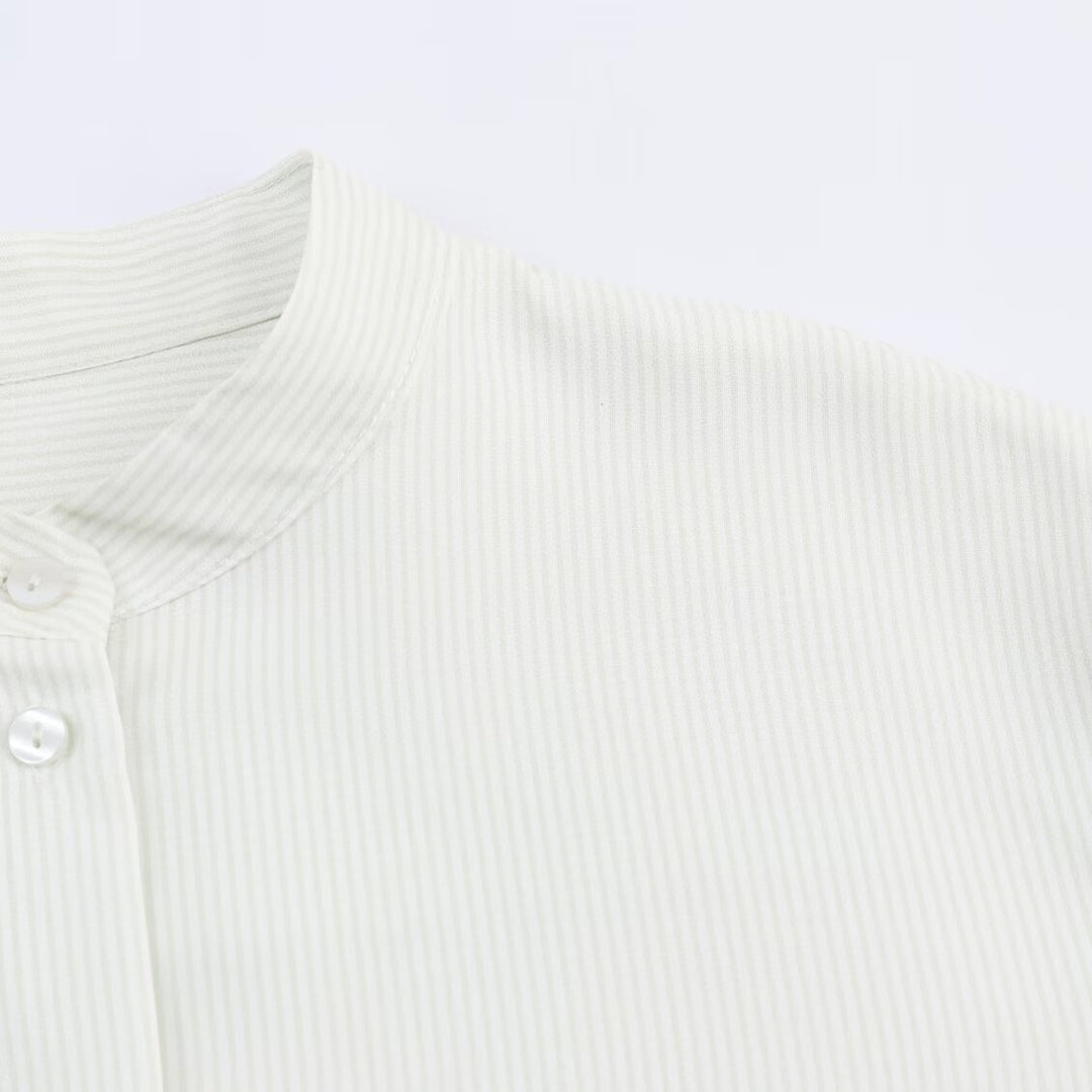 Women Oversize Shirt Blouse with Stand Collar, Chest Pocket and Curved Hem Mune Fashion